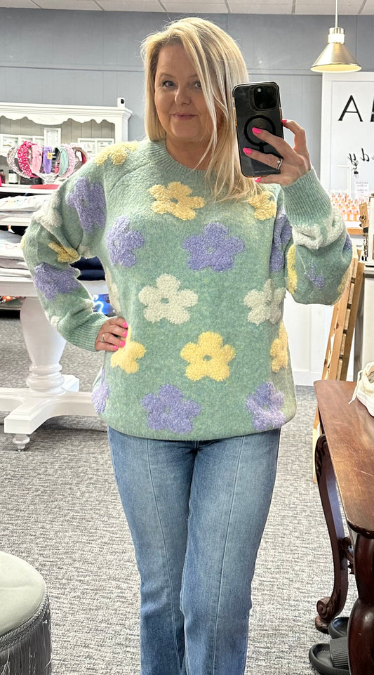 Sage Green Floral Popped 2 Tone Sweater